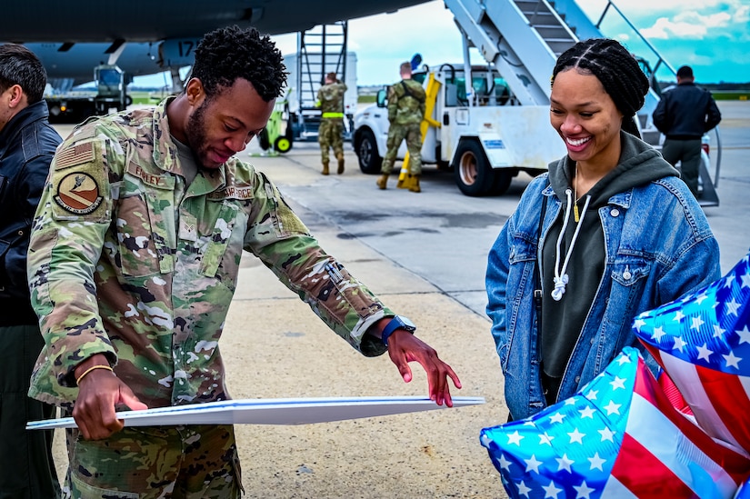 A U.S. Air Force Senior Airman Eric Fairley, 32nd Air Refueling Squadron crew chief, celebrates the return of the last KC-10 Extender from Central Command at Joint Base McGuire-Dix-Lakehurst, New Jersey, Apr. 19, 2022. The return marks an end to over thirty years of air refueling support provided to the U.S. and coalition partners through both peace and war, beginning with Operation Desert Shield/Desert Storm in 1990-91, through the conflicts in Iraq and Afghanistan, and punctuated by Operation Allies Refuge in 2021.