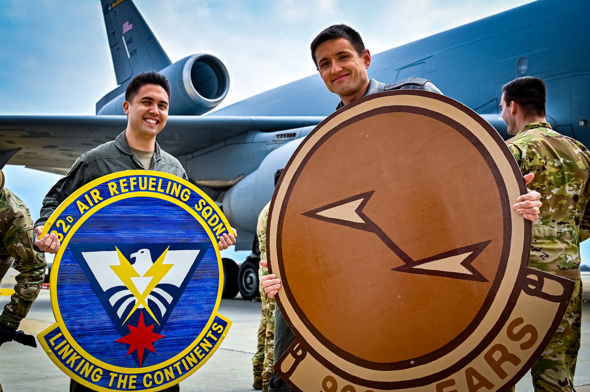 U.S. Air Force Pilots assigned to the 32nd Air Refueling Squadron celebrate the return of the last KC-10 Extender from Central Command at Joint Base McGuire-Dix-Lakehurst, New Jersey, Apr. 19, 2022. The return marks an end to over thirty years of air refueling support provided to the U.S. and coalition partners through both peace and war, beginning with Operation Desert Shield/Desert Storm in 1990-91, through the conflicts in Iraq and Afghanistan, and punctuated by Operation Allies Refuge in 2021.