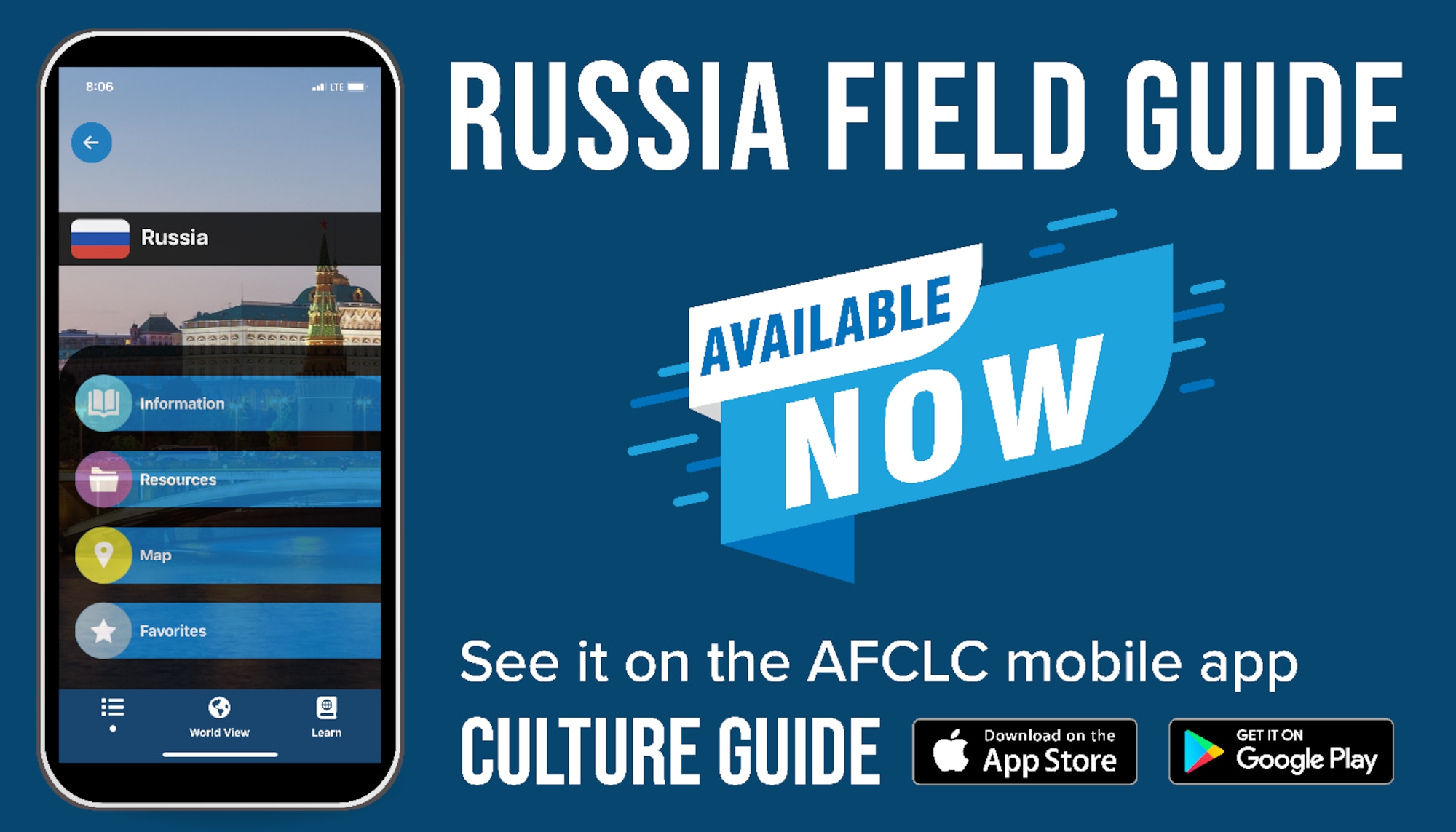 The Air Force Culture and Language Center’s Russia Expeditionary Culture Field Guide is now available on its free Culture Guide mobile app, untethered from government IT platforms. The mobile app and its many educational features coincide with AFCLC’s vision to lead the U.S. Air Force in building a cross-culturally competent total force to meet the demands of a dynamic global mission.
