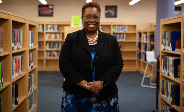 Christina Fletcher, the first Director of the DOD STARBASE Program at Joint Base MDL, tours the Joint Base MDL Library which will be the home of the new DOD STARBASE classroom. The JB MDL DOD STARBASE will open its doors for the first class of students on May 5.