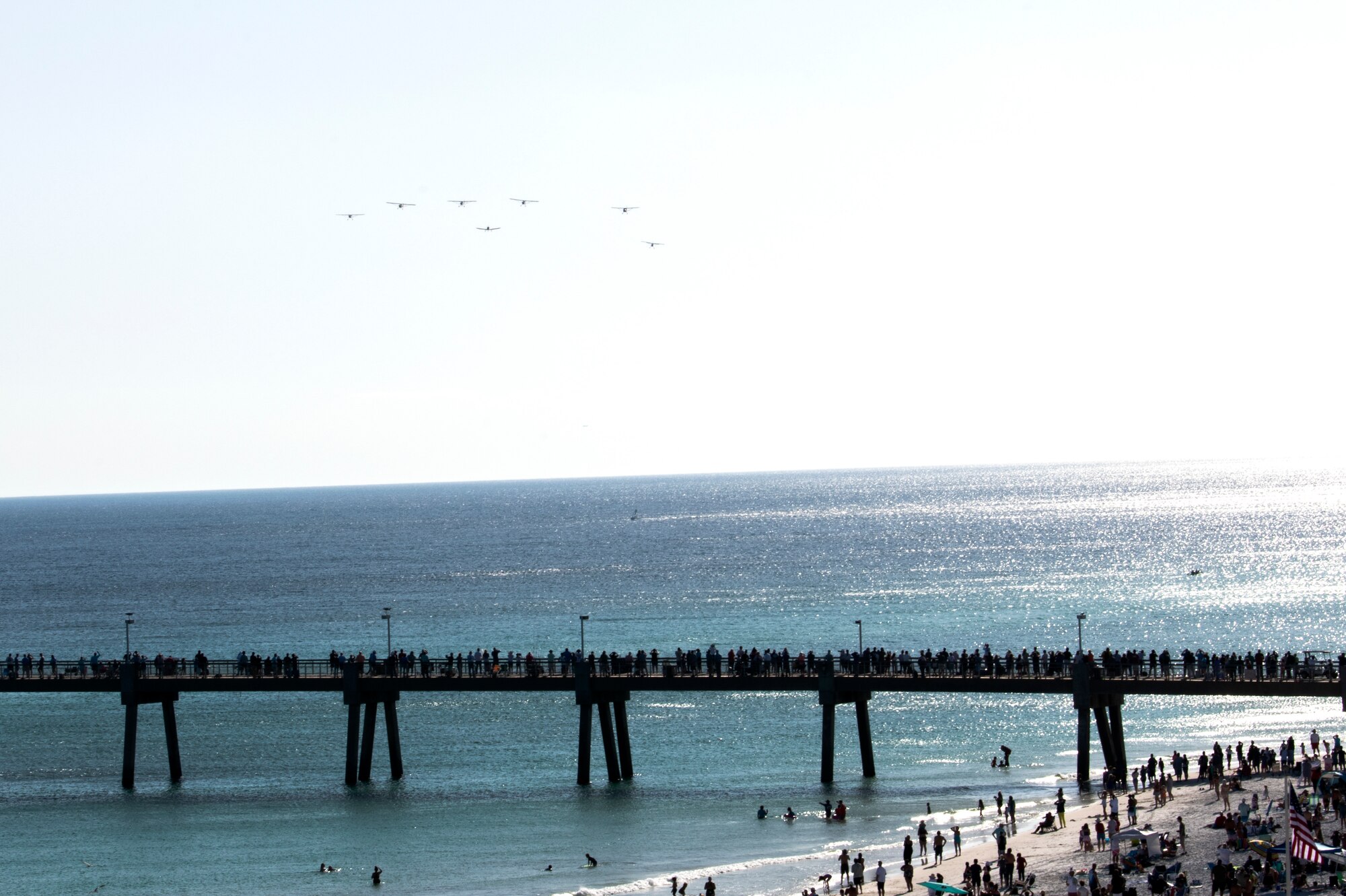 Seven aircraft with the call sign “Black Duck” fly over during The Doolittle Raiders’ 80th Anniversary ceremony, April 18, 2022 at Okaloosa Island. On May 23, 2014, President Barack Obama signed Public Law 113-106 awarding the Congressional Gold Medal – the highest civilian recognition Congress can bestow – to the 80 members of the Doolittle Tokyo Raid in recognition of their service.