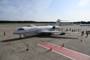 A Battlefield Airborne Communications Node-equipped E-11A aircraft rolls out on the flightline at Hanscom Air Force Base, Mass., in July 2018. BACN program management office personnel recently purchased an additional Green Global 6000 through an execution of a previous contract with Learjet, Inc., a U.S. subsidiary of the Specialized Aircraft Division of Bombardier Inc. The indefinite delivery, indefinite quantity contract provides funds for up to six Global 6000 aircraft. (U.S. Air Force photo by Mark Herlihy)