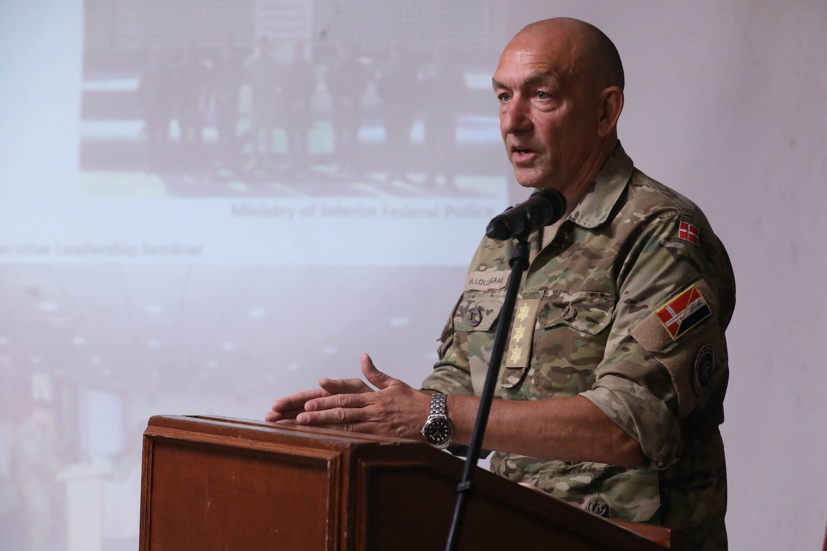 Lt. Gen. Michael Lollesgard, commanding general of North Atlantic Treaty Organization – mission Iraq, gives a speech during the Ambassadors Day event at Union III forward operating base in Baghdad, Iraq, April 21, 2022. During the CJTF-OIR-hosted event, representatives from more than 25 Coalition countries discussed the CJTF-OIR mission and broad efforts to tackle enduring regional security and stability challenges. (U.S. Army photo by Staff Sgt. Bree-Ann Ramos-Clifton)