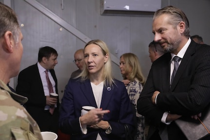 U.S. Army Maj. Gen. John Brennan, Combined Joint Task Force -Operation Inherent Resolve (CJTF-OIR) commander, holds a conversation with attendees of the Ambassadors’ Day event at Union III forward operating base in Baghdad, Iraq, April 21, 2022. During the CJTF-OIR-hosted event, representatives from more than 25 Coalition countries discussed the CJTF-OIR mission and broad efforts to tackle enduring regional security and stability challenges. (U.S. Army photo by Spc. Nathan Smith)