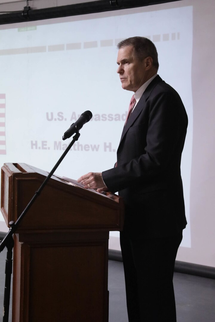 Matthew Tueller, U.S. ambassador to Iraq, speaks at the Ambassadors Day event at Union III forward operating base in Baghdad, Iraq, April 21, 2022. During the CJTF-OIR-hosted event, representatives from more than 25 Coalition countries discussed the CJTF-OIR mission and broad efforts to tackle enduring regional security and stability challenges.(U.S. Army photo by Spc. Nathan Smith)