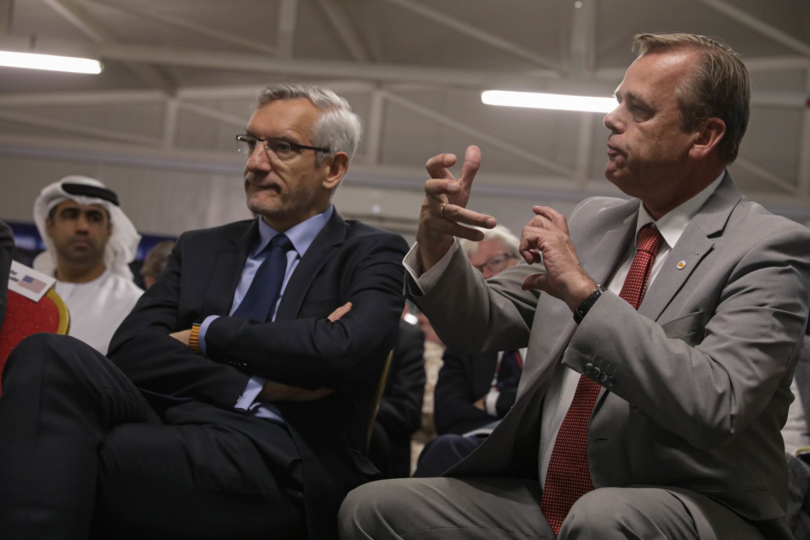 Michel Rentenaar, Netherlands Ambassador to Iraq and Martin Jäger, Germany’s Ambassador to Iraq, speaks at the Ambassadors’ Day conference at Union III forward operating base in Baghdad, Iraq, April 21, 2022. Global Coalition ambassadors and attendees take notes during the Ambassadors Day event at Union III forward operating base in Baghdad, Iraq, April 21, 2022. During the CJTF-OIR-hosted event, representatives from more than 25 Coalition countries discussed the CJTF-OIR mission and broad efforts to tackle enduring regional security and stability challenges. (U.S. Army photo by Spc. Nathan Smith)