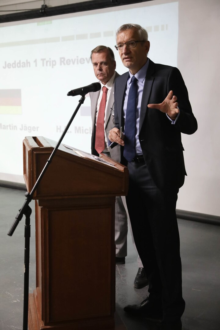 Michel Rentenaar, Netherlands Ambassador to Iraq and Martin Jäger, Germany’s Ambassador to Iraq, speaks at the Ambassadors’ Day conference at Union III forward operating base in Baghdad, Iraq, April 21, 2022. Global Coalition ambassadors and attendees take notes during the Ambassadors Day event at Union III forward operating base in Baghdad, Iraq, April 21, 2022. During the CJTF-OIR-hosted event, representatives from more than 25 Coalition countries discussed the CJTF-OIR mission and broad efforts to tackle enduring regional security and stability challenges. (U.S. Army photo by Spc. Nathan Smith)