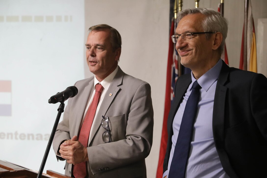 Michel Rentenaar, Netherlands Ambassador to Iraq and Martin Jäger, Germany’s Ambassador to Iraq, speaks at the Ambassadors’ Day conference at Union III forward operating base in Baghdad, Iraq, April 21, 2022. Global Coalition ambassadors and attendees take notes during the Ambassadors Day event at Union III forward operating base in Baghdad, Iraq, April 21, 2022. During the CJTF-OIR-hosted event, representatives from more than 25 Coalition countries discussed the CJTF-OIR mission and broad efforts to tackle enduring regional security and stability challenges. (U.S. Army photo by Spc. Nathan Smith)