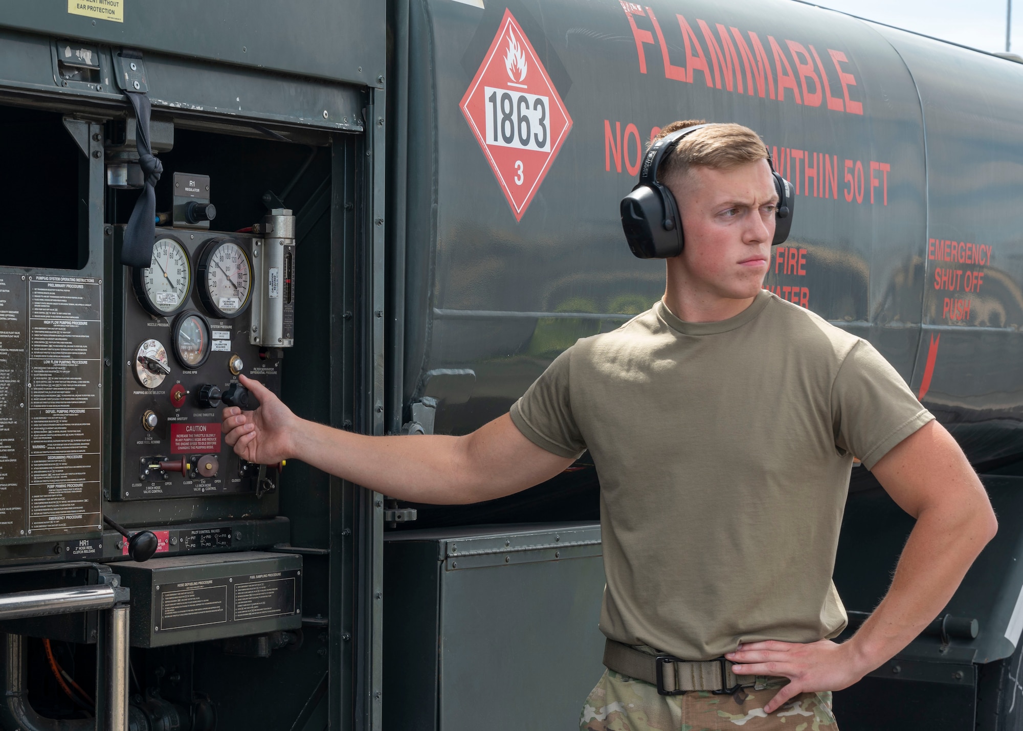 U.S. Air Force Senior Airman Seth Negley, 56th Logistics Readiness Squadron petroleum, oil, lubricants fuels distributor, regulates a hot-pit refuel for an F-35A Lightning II aircraft assigned to the 56th Fighter Wing, during an Agile Combat Employment multi-capable exercise, March 31, 2022, at Gila Bend Air Force Auxiliary Field, Gila Bend, Arizona.