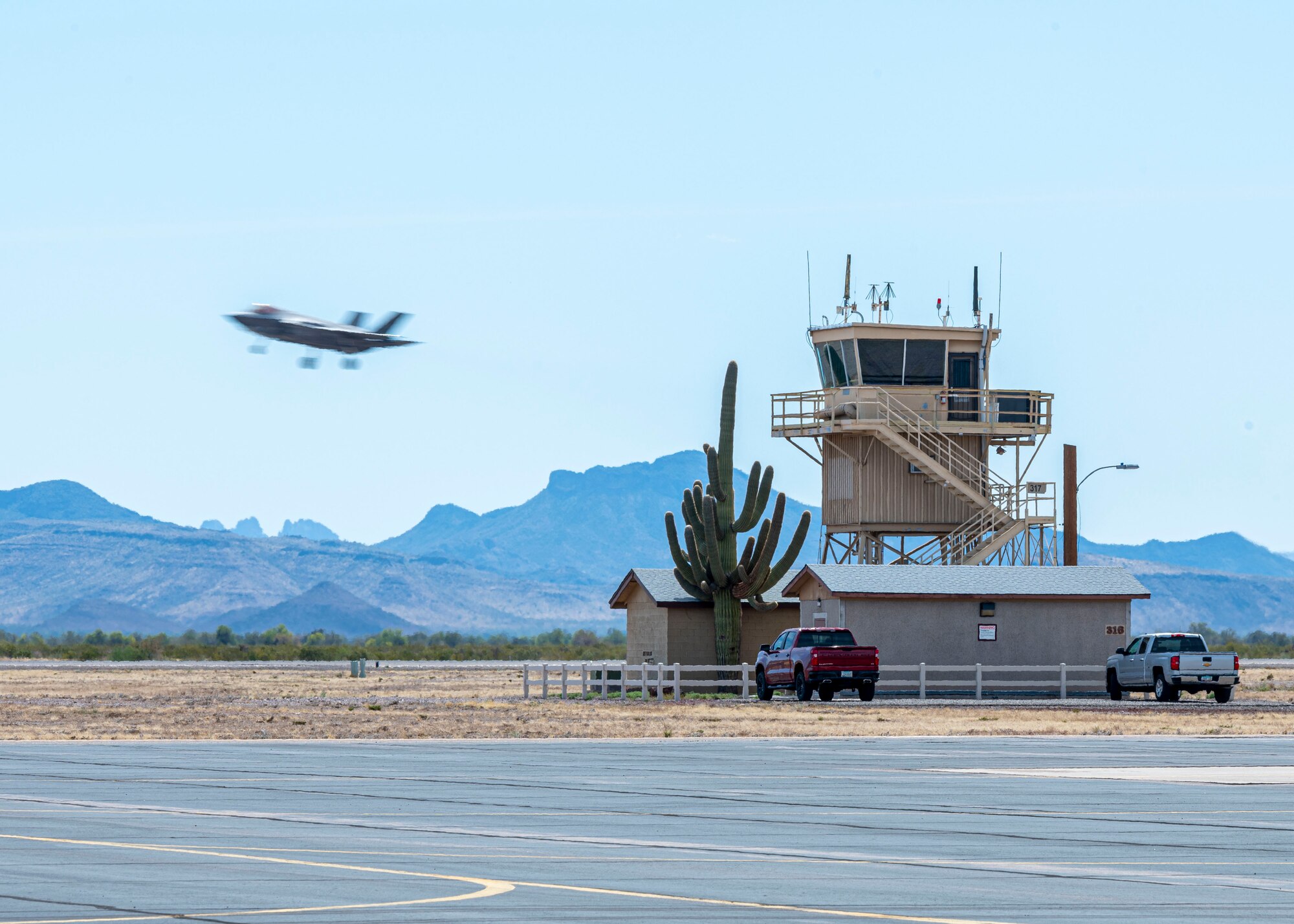 An F-35A Lightning II aircraft assigned to the 56th Fighter Wing prepares to land March 31, 2022, at Gila Bend Air Force Auxiliary Field, Gila Bend, Arizona.