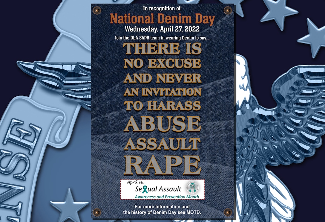 National Denim Day poster with words about Denim Day on a denim background with rivets in the corners.
