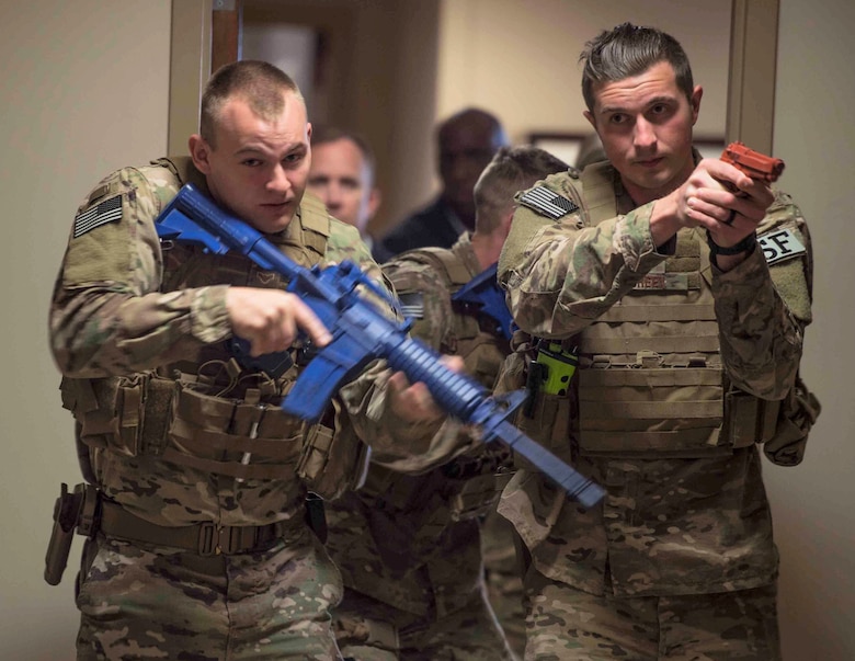 Air Commandos from the 1st Special Operations Security Forces Squadron and the 1st Special Operations Civil Engineer Squadron navigate the inside of a building during an active shooter exercise at Hurlburt Field, Fla., March 10, 2017. The Air Force Research Laboratory and the National Security Innovation Network sponsored a capstone project at the University of Colorado Denver that focused on indoor communication and navigation problems for first responders. (U.S. Air Force photo/Senior Airman Krystal M. Garrett)