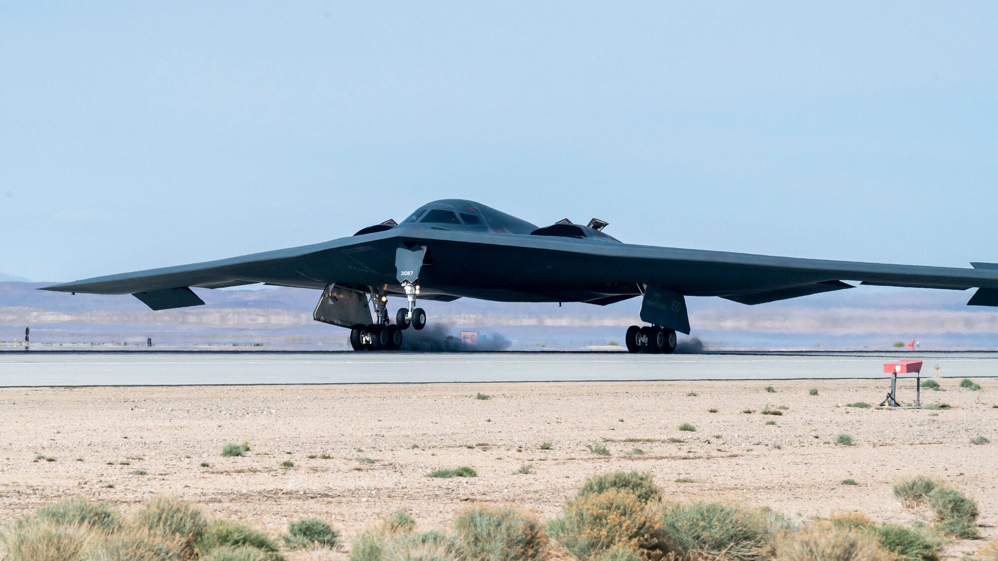 A B-2 Spirit, the Spirit of Pennsylvania, from the 419th Flight Test Squadron, returns to Edwards Air Force Base, California, after conducting a flyover during funeral services for the late Brig. Gen. Robert “Bob” Cardenas, March 31. (Air Force photo by Giancarlo Casem)