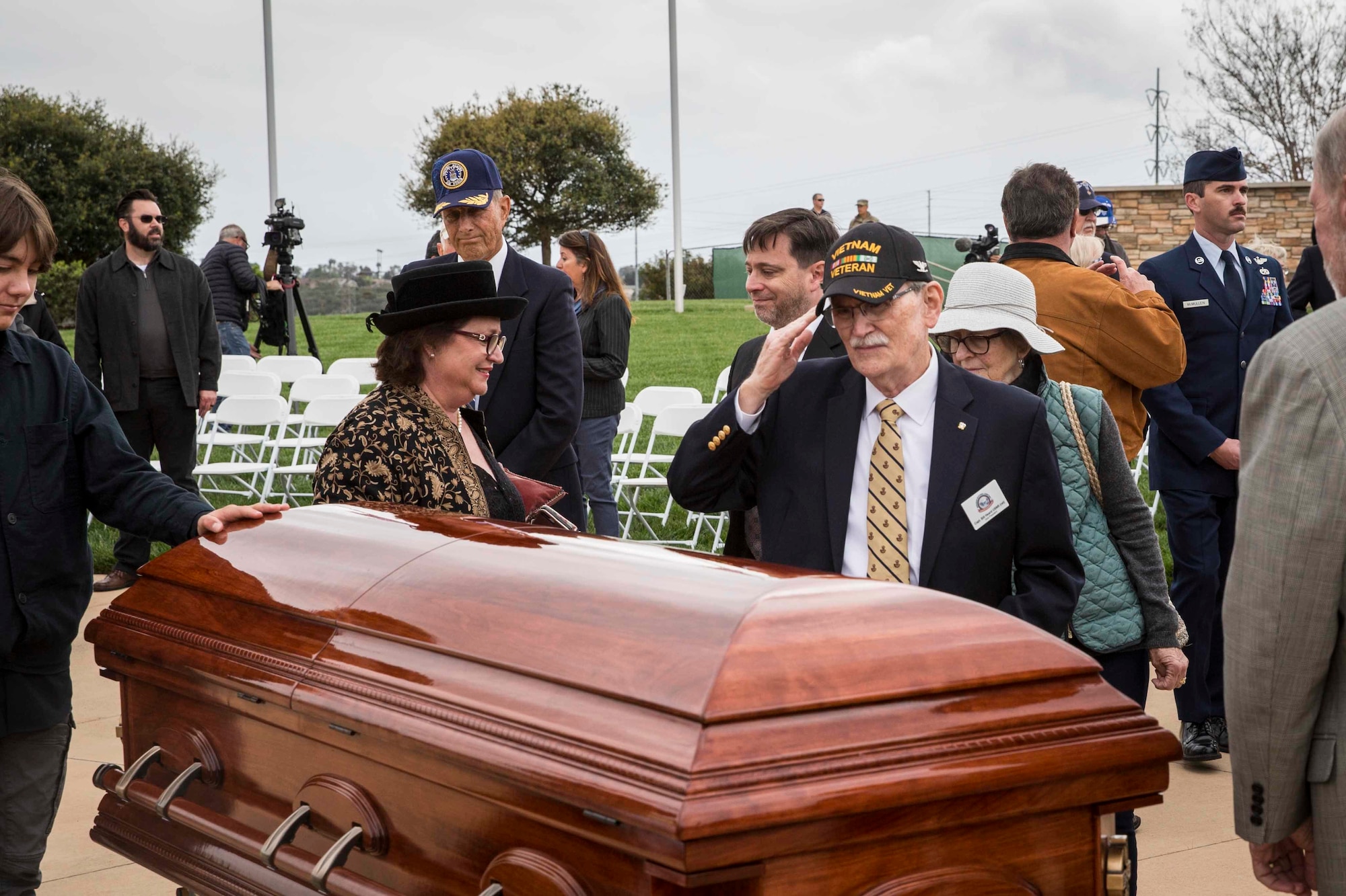 Family and friends pay respects to Air Force Brig. Gen. Robert Cardenas at the Miramar National Cemetery, San Diego, California, March 31, 2022. Cardenas was born March 10, 1920, and passed away March 10, 2022. (U.S. Marine Corps photo by Lance Cpl. Jose S. GuerreroDeLeon)
