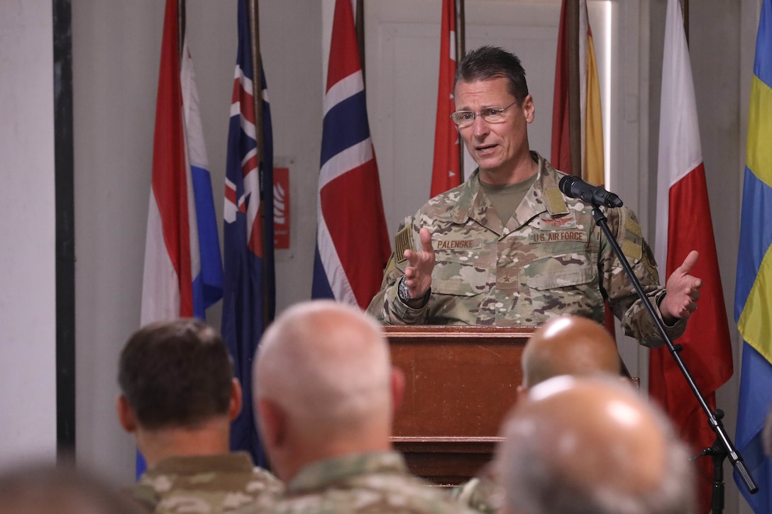 Brig. Gen. Thomas Palenske, the deputy commanding general of Special Operations Joint Task Force - Levant, gives a speech during the Ambassadors Day event at Union III forward operating base in Baghdad, Iraq, April 21, 2022. During the CJTF-OIR-hosted event, representatives from more than 25 Coalition countries discussed the CJTF-OIR mission and broad efforts to tackle enduring regional security and stability challenges. (U.S. Army photo by Staff Sgt. Bree-Ann Ramos-Clifton)