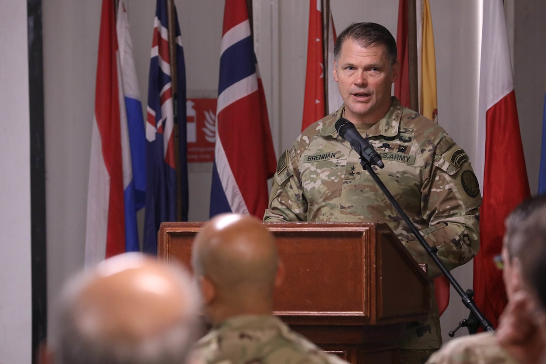 U.S. Army Maj. Gen. John Brennan, Combined Joint Task Force - Operation Inherent Resolve (CJTF – OIR) commander, gives opening remarks during the Ambassadors Day event at Union III forward operating base in Baghdad, Iraq, April 21, 2022. During the CJTF-OIR-hosted event, representatives from more than 25 Coalition countries discussed the CJTF-OIR mission and broad efforts to tackle enduring regional security and stability challenges. (U.S. Army photo by Staff Sgt. Bree-Ann Ramos-Clifton)