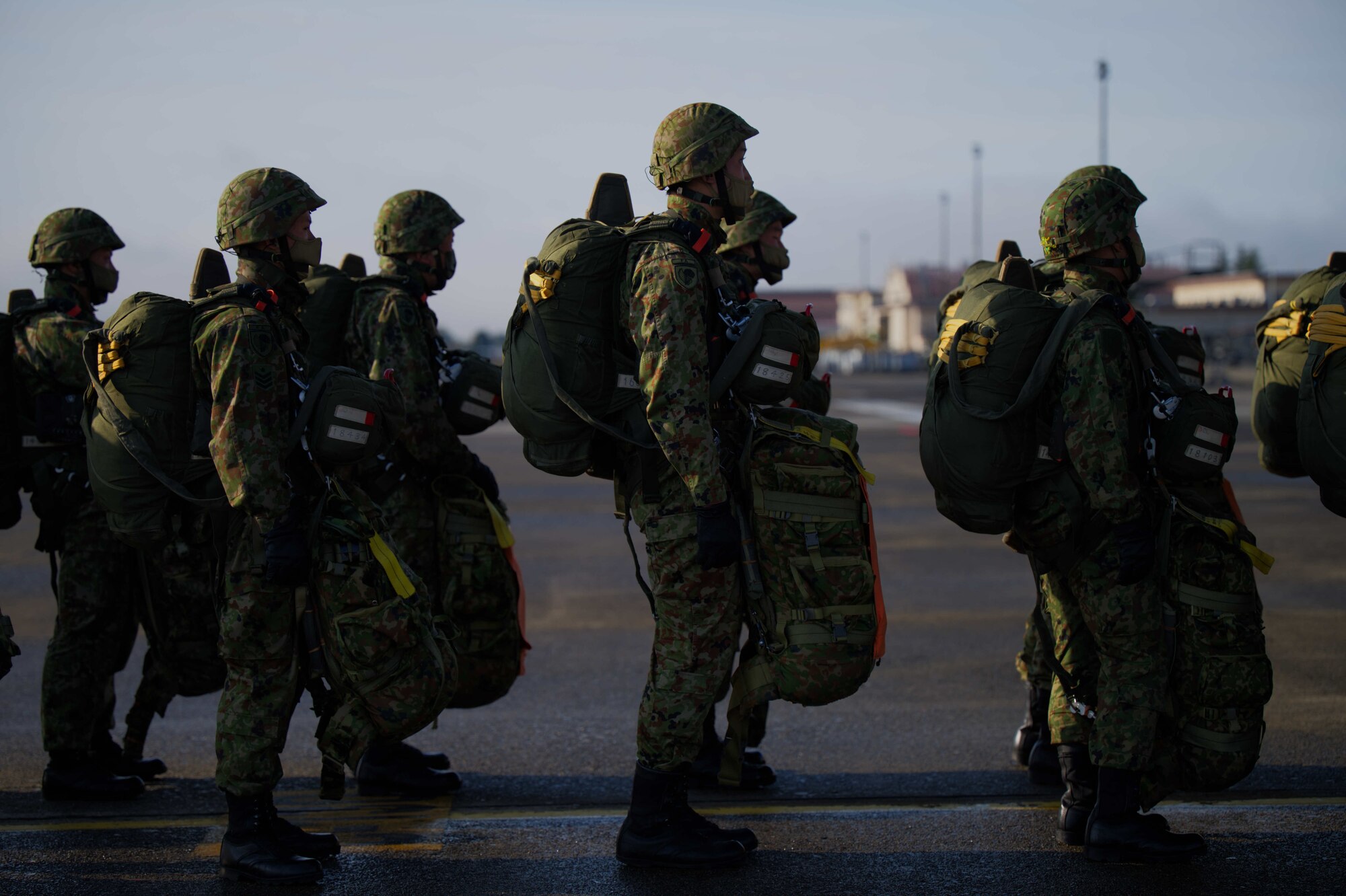 JGSDF members line up before boarding a C-130J.