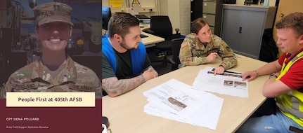 Army Cpt. Dena Pollard, the operations officer for Army Field Support Battalion-Benelux, 405th Army Field Support Brigade, meets with a couple of site managers at the Eygelshoven Army Prepositioned Stocks-2 worksite in the Netherlands to discuss future operations requirements. Pollard is responsible for synchronizing, planning and coordinating APS-2 operations at the Zutendaal and the Eygelshoven APS-2 sites. (U.S. Army courtesy photo)