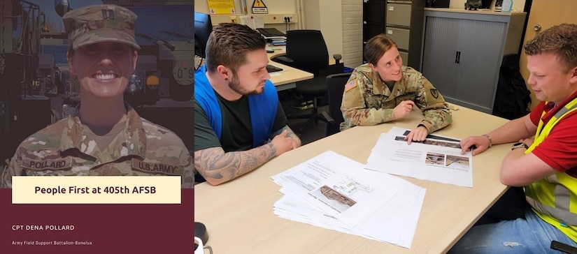 Army Cpt. Dena Pollard, the operations officer for Army Field Support Battalion-Benelux, 405th Army Field Support Brigade, meets with a couple of site managers at the Eygelshoven Army Prepositioned Stocks-2 worksite in the Netherlands to discuss future operations requirements. Pollard is responsible for synchronizing, planning and coordinating APS-2 operations at the Zutendaal and the Eygelshoven APS-2 sites. (U.S. Army courtesy photo)