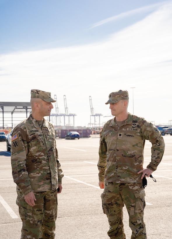 Lt. Col. Andrew Johannes (left), District commander, speaks with Lt. Gen. Scott Spellmon 55th chief of engineers and commanding general of the U.S. Army Corps of Engineers, prior to getting a tour of South Carolina Ports Authority.