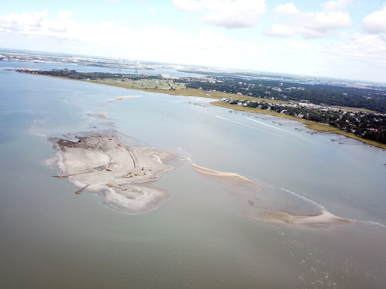 An aerial shot of Crab Bank on October 2, 2021 before the restoration project started.  (Photo courtesy of Norfolk Dredging)