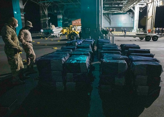 U.S. Service members and Cabo Verdean maritime forces embarked aboard the Expeditionary Sea Base USS Hershel "Woody" Williams (ESB 4) seized approximately 6,000 kilograms of contraband during a maritime security patrol, April 1, 2022.