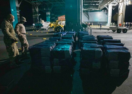 U.S. Service members and Cabo Verdean maritime forces embarked aboard the Expeditionary Sea Base USS Hershel "Woody" Williams (ESB 4) seized approximately 6,000 kilograms of contraband during a maritime security patrol, April 1, 2022.