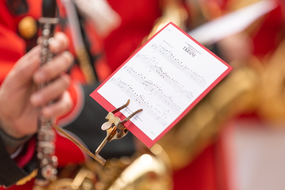 Sheet music of Ukraine's National Anthem, used by "The President's Own" United States Marine Band for an enhanced cordon arrival ceremony for Ukrainian Prime Minister Denys Shmyhal at the Pentagon on April 21, 2022.