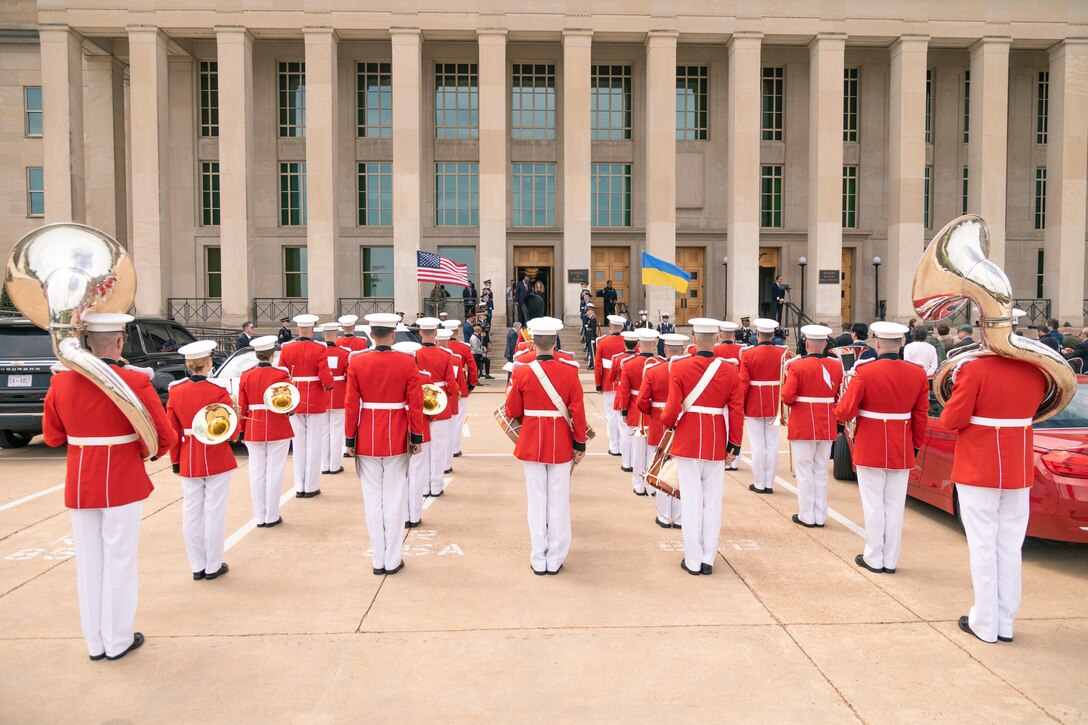 "The President's Own" United States Marine Band stands ready to perform during an enhanced cordon arrival ceremony for Ukrainian Prime Minister Denys Shmyhal at the Pentagon on April 21, 2022.