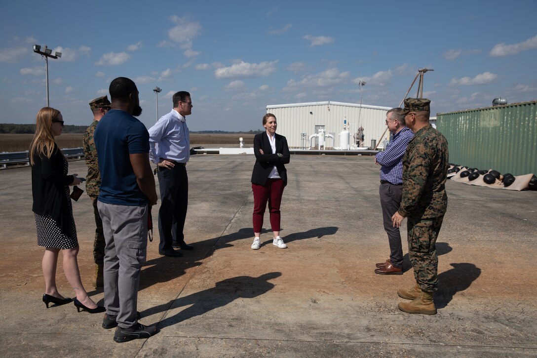 The Honorable, Meredith A. Berger, Under Secretary of the Navy, is given a tour by Col. Karl Arbogast, commanding officer, Marine Corps Air Station (MCAS) Beaufort, at MCAS Beaufort, S.C., Feb. 25, 2022. Berger explored different aspects the air station to get a glimpse of the base’s daily operations and see how MCAS Beaufort supports the mission of U.S. Marine Corps Aviation. (U.S. Marine Corps photo by Lance Cpl. Nathan Saucier)