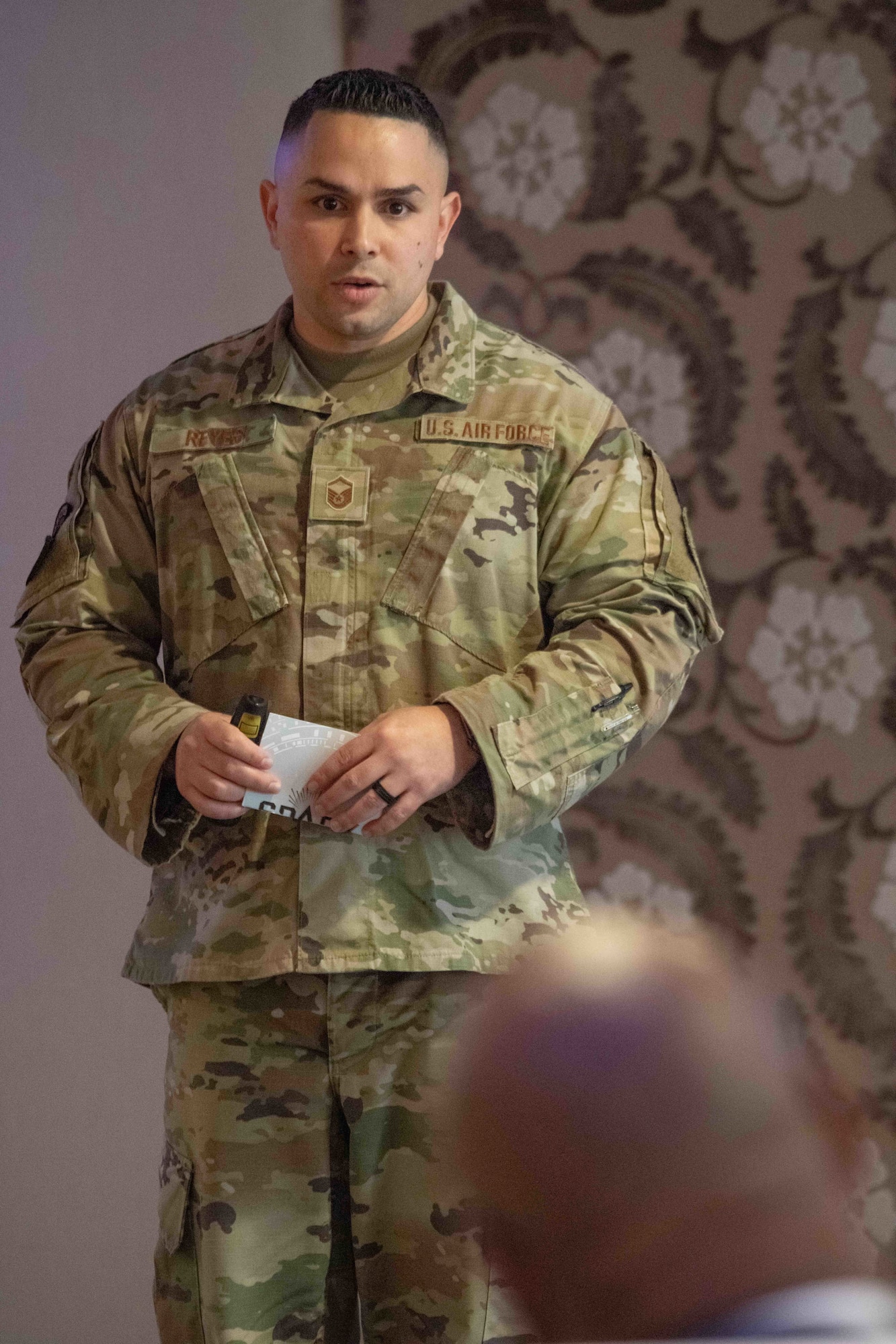 Maxwell AFB, Ala. – Master Sgt. Joel Rodriquez, from the 42nd Security Forces Squadron, pitches his Automated Installation Access Control Points innovation during Spark at the Max, April 14, 2022. The event gave Airmen and Guardians an opportunity to pitch creative and problem-solving ideas that increase readiness, recover Airmen’s time, reduce cost, or enhance the lethality of the force. (US Air Force photo by Melanie Rodgers Cox/Released)
