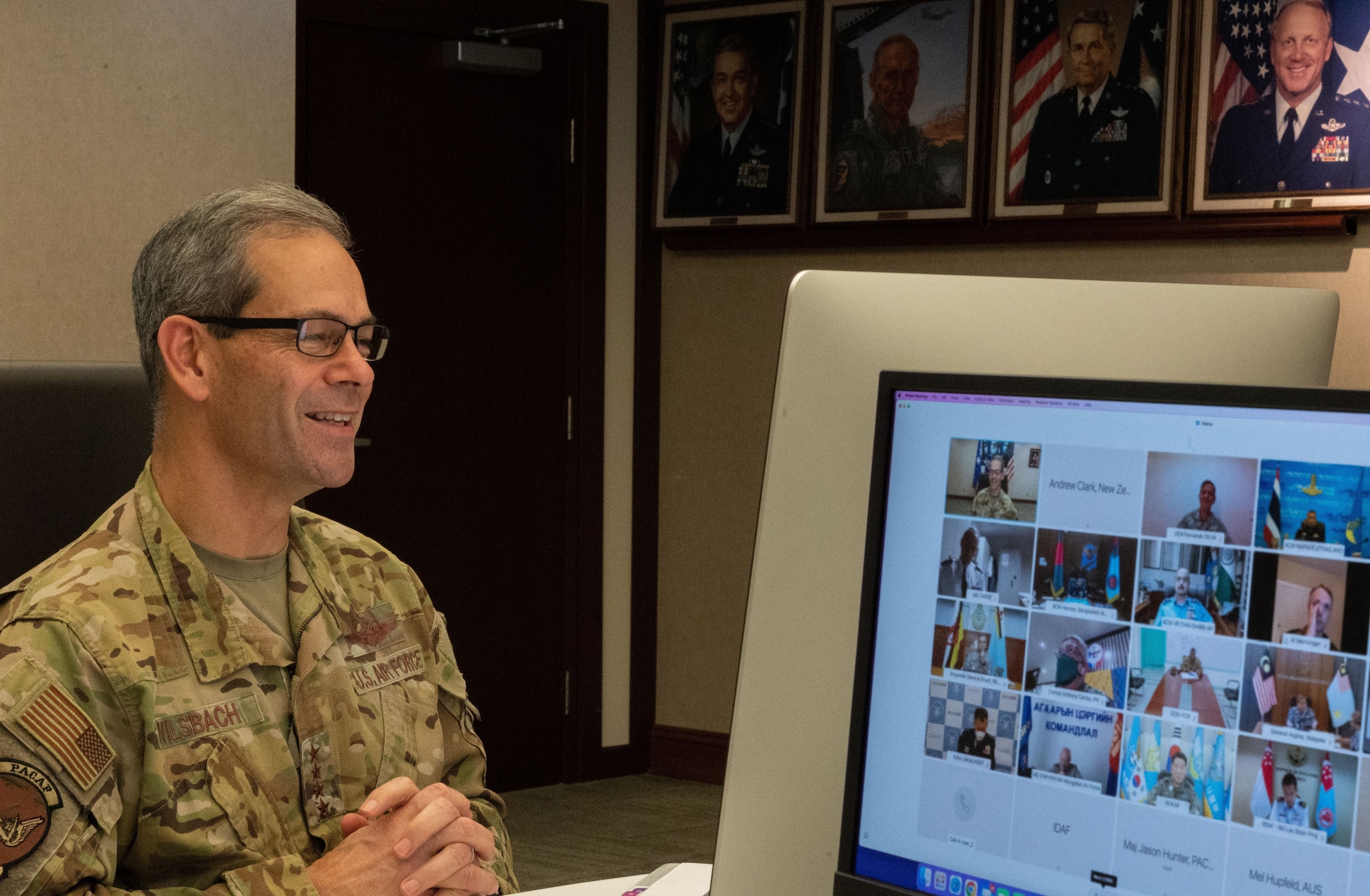 U.S. Air Force Gen. Ken Wilsbach, Pacific Air Forces commander, holds talks with more than 20 air chiefs from throughout the Indo-Pacific region and Europe via teleconference at Hickam Air Force Base, Hawaii, April 20, 2022. Wilsbach has quarterly Pacific Air Chiefs meetings in order to maintain, and build upon the relationship between the various countries, in support of a free and open Indo-Pacific. (U.S. Air Force photo by Tech. Sgt. Hailey Haux)