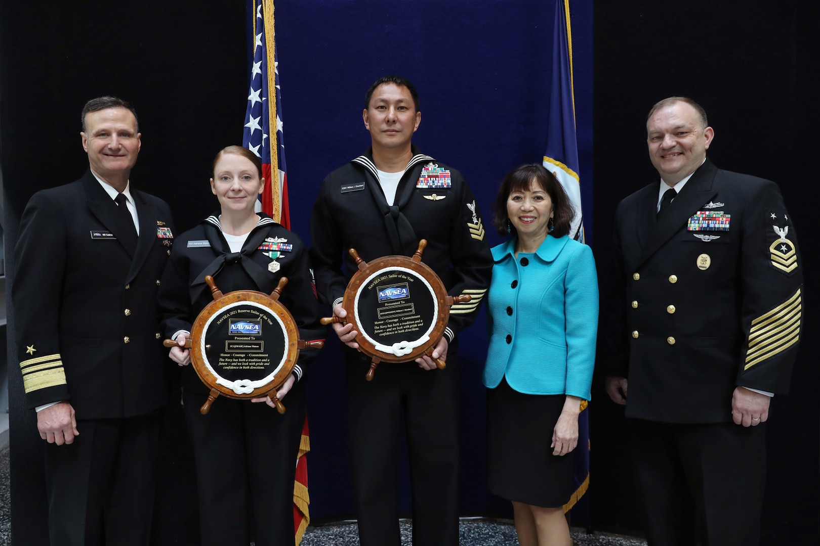 NAVSEA, present the 2021 NAVSEA Sailor of the Year Award to FC1(SW/AW) Adriane Watson, Navy Region Mid-Atlantic (CNRMA) of SUBSHIP in Newport News, VA and Reservist EOD1 (EWS/EXW) William J. Eisenhart, Naval Surface Warfare Center, Expeditionary Medical Facility, Bethesda, MD, in a ceremony at the Washington Navy Yard.