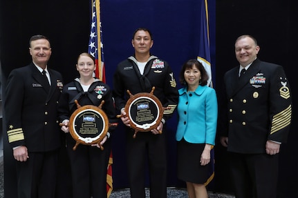 NAVSEA, present the 2021 NAVSEA Sailor of the Year Award to FC1(SW/AW) Adriane Watson, Navy Region Mid-Atlantic (CNRMA) of SUBSHIP in Newport News, VA and Reservist EOD1 (EWS/EXW) William J. Eisenhart, Naval Surface Warfare Center, Expeditionary Medical Facility, Bethesda, MD, in a ceremony at the Washington Navy Yard.