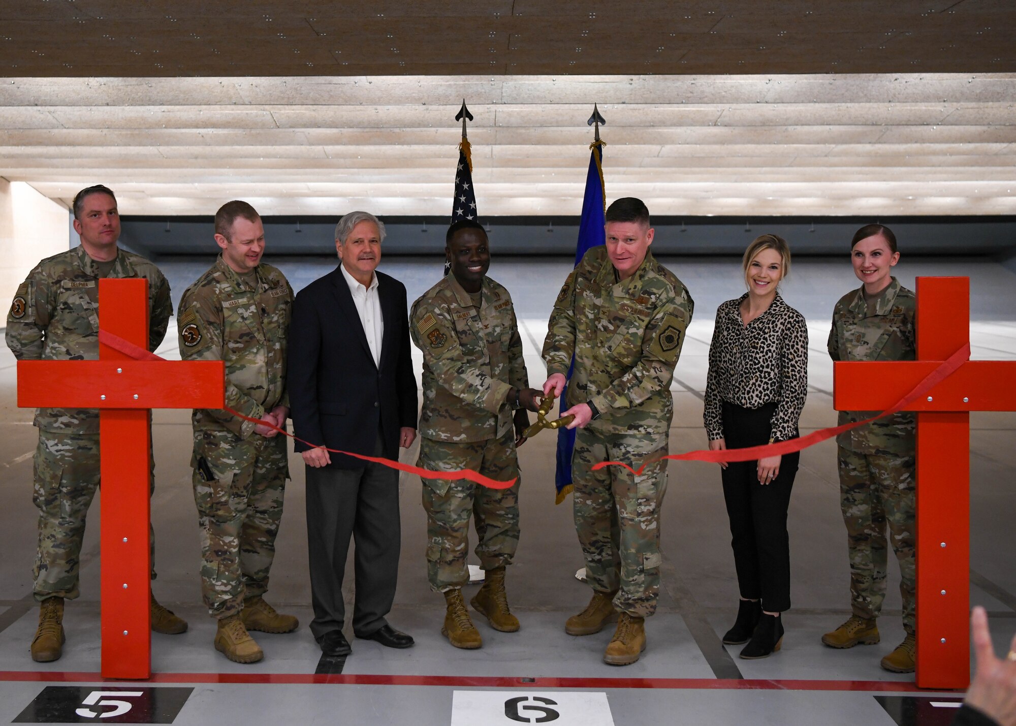 Senator John Hoeven receives tour of the new combat arms building at Minot Air Force Base, North Dakota, April 22, 2022. An average of 8,000 Airmen go through the combat arms building every year to be certified in a variety of different firearms to support either the 5th Bomb Wing or 91st Missile Wing mission of strategic deterrence at the combat arms building. (U.S. Air Force photo by Airman 1st Class Evan J. Lichtenhan)