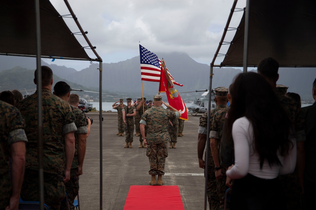 U.S. Marines from Marine Light Attack helicopter Squadron 367 conduct a deactivation ceremony, Marine Corps Base Hawaii, April 22, 2022. HMLA-367’s deactivation is in accordance with Force Design 2030 as the Marine Corps modernizes and continues to be a lethal fighting force.(U.S. Marine Corps photo by Lance Cpl. Terry Stennett III)