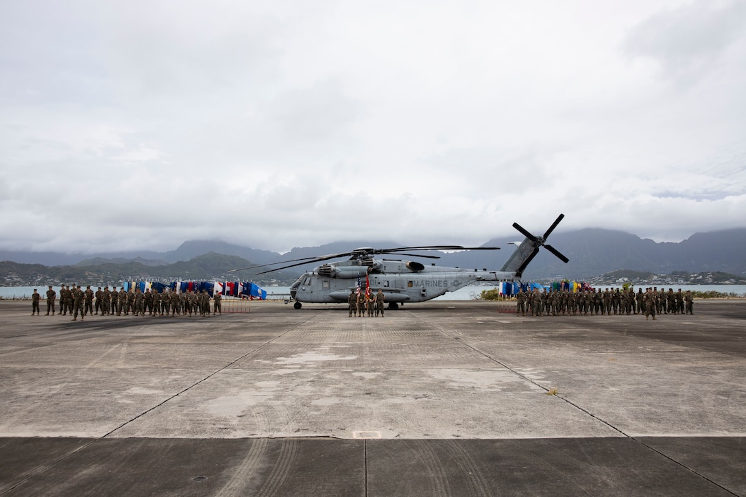 U.S. Marines with Marine Heavy Helicopter Squadron 463 participate in the deactivation ceremony for HMH-463, Marine Corps Air Station Kaneohe Bay, Marine Corps Base Hawaii, April 21, 2022. HMH-463’s deactivation is in accordance with Force Design 2030 as the Marine Corps modernizes and continues to be a lethal fighting force. (U.S. Marine Corps photo by Cpl. Samantha Sanchez)