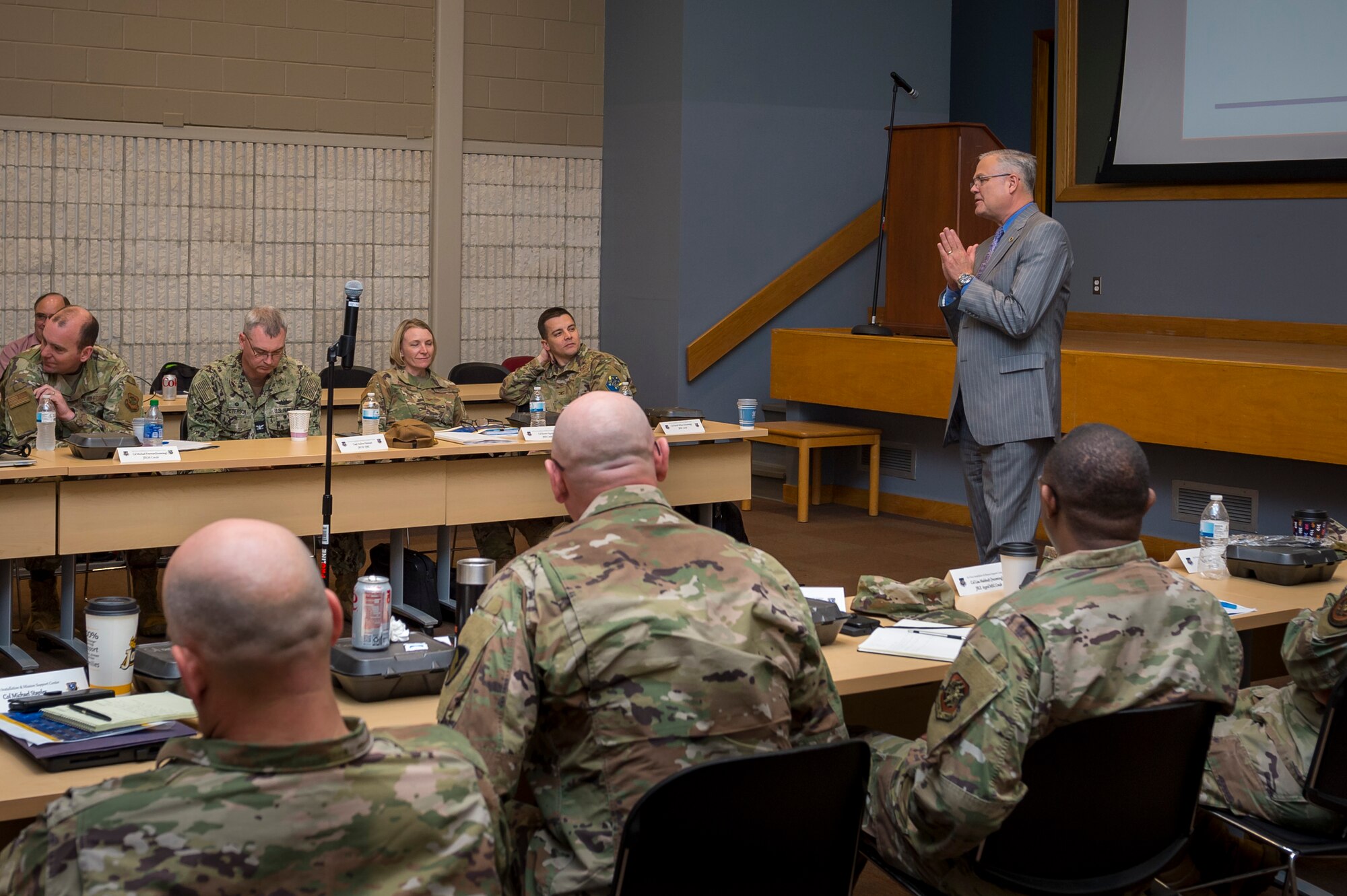 Randall Robinson, executive deputy to the commanding general of the Army Installation Management Command, addresses joint base commanders at the Air Force Installation and Mission Support Center’s Joint Base Commanders Summit at Joint Base San Antonio-Lackland, Texas, April 20, 2022. The summit included discussions between joint base leaders, Office of the Secretary of Defense, Army Installation Management Command and AFIMSC leadership regarding unique installation and mission support issues at their bases. (U.S. Air Force photo by Malcolm McClendon).