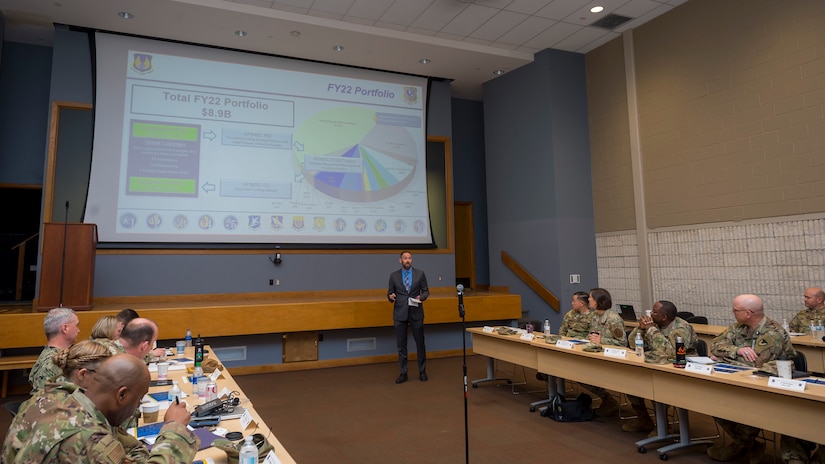 Bill Kiser, technical director for the Air Force Installation and Mission Support Center’s Resource Management Analysis Division, addresses joint base commanders at AFIMSC’s Joint Base Commanders Summit at Joint Base San Antonio-Lackland, Texas, April 20, 2022. The summit included discussions between joint base leaders, Office of the Secretary of Defense, Army Installation Management Command and AFIMSC leadership regarding unique installation and mission support issues at their bases. (U.S. Air Force photo by Malcolm McClendon).