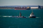 PERTH, Australia (April 23, 2022) The Los Angeles-class fast-attack submarine USS Springfield (SSN 761) enters port in preparation to moor alongside the Emory S. Land-class submarine tender USS Frank Cable (AS 40) at HMAS Stirling Navy Base, April 23, 2022. Frank Cable is currently on patrol conducting expeditionary maintenance and logistics in support of national security in the U.S. 7th Fleet area of operations. (U.S. Navy photo by Mass Communication Specialist Seaman Wendy Arauz/Released)