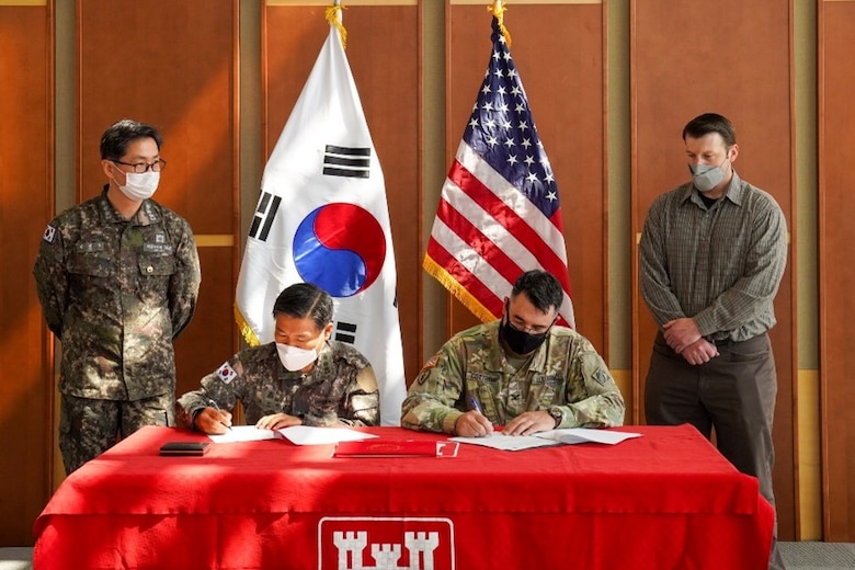 The U.S. Army Corps of Engineers Far East District commemorated the completion of project C4I010 (Communication Center) with an Acceptance Release Letter (ARL) ceremony at USAG Humphreys, April 15. (Courtesy photo)