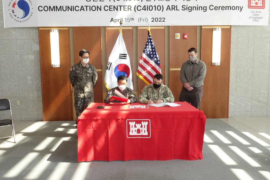 The U.S. Army Corps of Engineers Far East District commemorated the completion of project C4I010 (Communication Center) with an Acceptance Release Letter (ARL) ceremony at USAG Humphreys, April 15. (Courtesy photo)