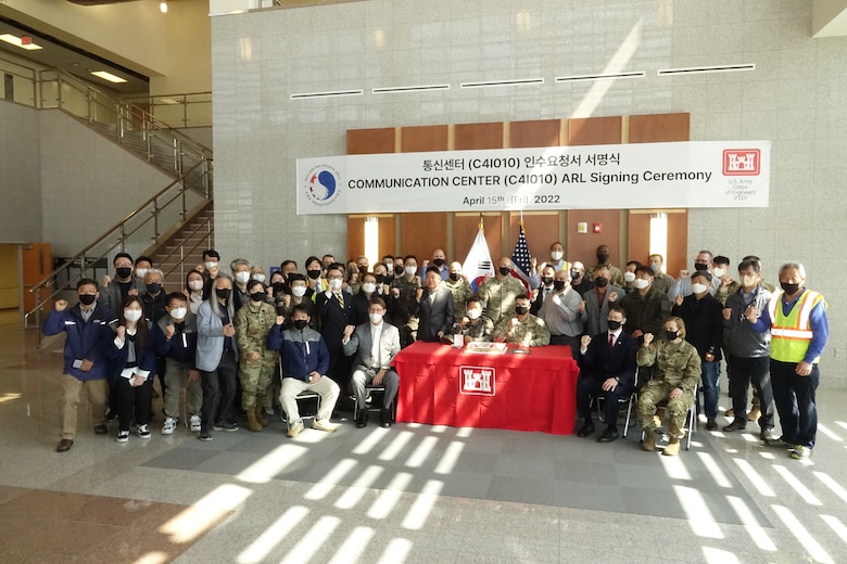 The U.S. Army Corps of Engineers Far East District commemorated the completion of project C4I010 (Communication Center) with an Acceptance Release Letter (ARL) ceremony at USAG Humphreys, April 15. (U.S. Army photo by Yo Kyong Il)