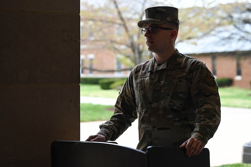 Airman 1st Class Jacob Spencer, United States Air Force Honor Guard ceremonial guardsman, gives the open narration during the United Service Organization resiliency room ribbon cutting ceremony April, 12, 2022 at Joint Base Anacostia-Bolling, DC. Honor guardsmen and wing leadership gathered together to celebrate the grand opening of the newly designed resiliency room. (U.S. Air Force photo by Senior Airman Nilsa Garcia)