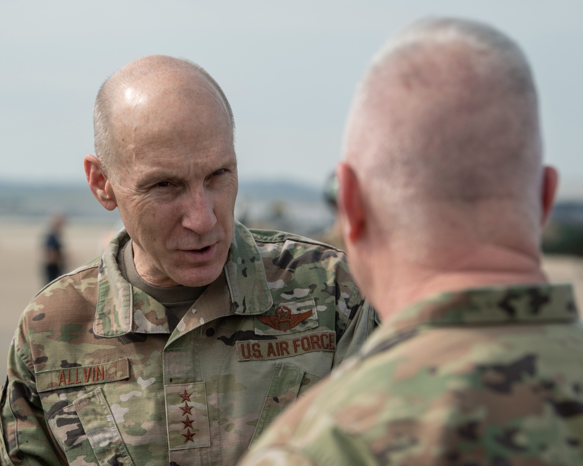 U.S. Air Force Gen. David W. Allvin, Vice Chief of Staff of the Air Force, speaks with Kentucky’s Adjutant General, Army Maj. Gen. Haldane B. Lamberton, after arriving at the Kentucky Air National Guard Base in Louisville, Ky., April 22, 2022, for the Thunder Over Louisville air show. The event, which celebrated the 75th anniversary of the Air Force, featured more than 30 military and civilian aircraft. (U.S. Air National Guard photo by Tech. Sgt. Joshua Horton)