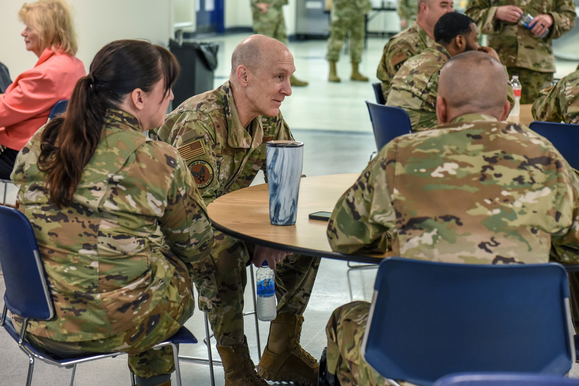 U.S. Air Force Gen. David W. Allvin, Vice Chief of Staff of the Air Force, meets with Airmen as he tours the Kentucky Air National Guard Base in Louisville, Ky., April 23, 2022. Allvin was in town as the guest of honor for this year’s Thunder Over Louisville air show, which celebrated the 75th anniversary of the United States Air Force. The Kentucky Air Guard served as the base of operations for military aircraft participating in the event. (U.S. Air National Guard photo by Senior Airman Madison Beichler)