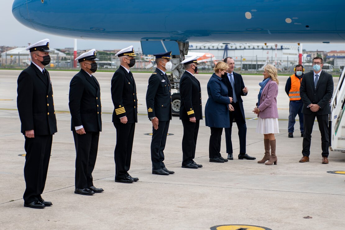 U.S. Consul General in Naples Mary Avery greets First Lady Dr. Jill Biden onboard Naval Support Activity (NSA) Naples, Capodichino, Nov. 1, 2021.