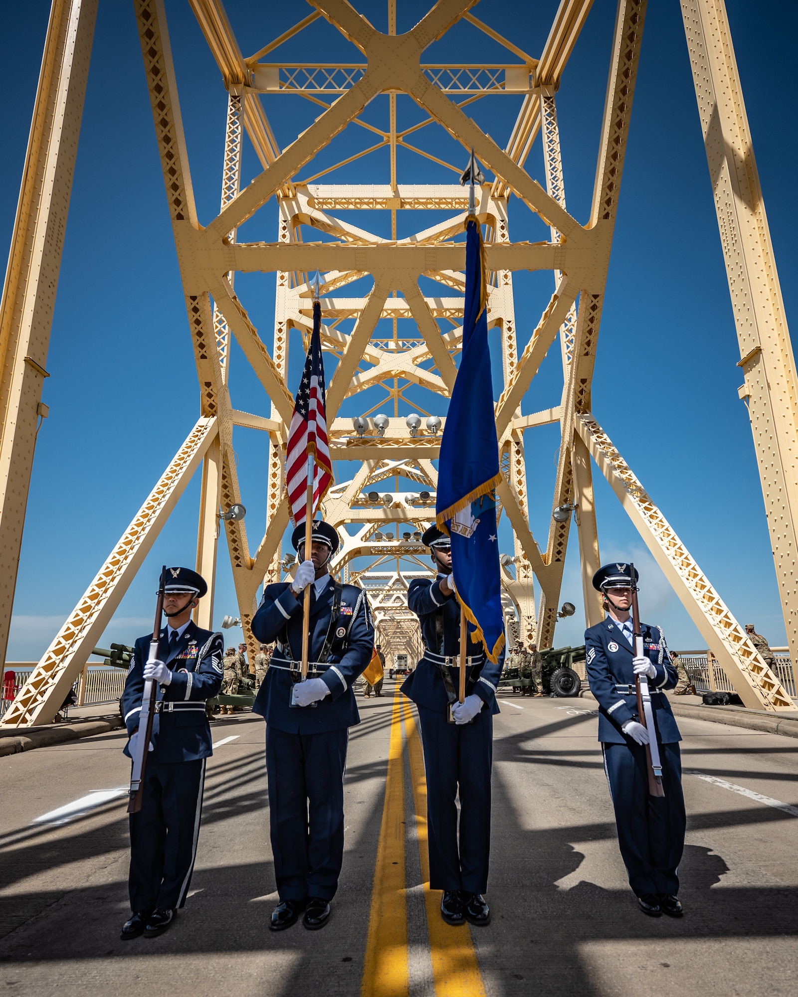 Members of the Honor Guard from the Kentucky Air National Guard’s 123rd Airlift Wing present the colors during the opening ceremony of the Thunder Over Louisville air show in downtown Louisville, Ky., April 23, 2022. This year’s event celebrated the 75th anniversary of the United States Air Force and featured more than 30 airplanes and helicopters. The Kentucky Air Guard served as the base of operations for military aircraft participating in the show. (U.S. Air National Guard photo by Dale Greer)