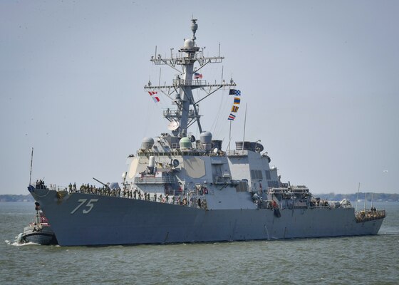 NORFOLK, Virginia (April 13, 2022) The Arleigh Burke-class guided-missile destroyer USS Donald Cook (DDG 75) arrives at Naval Station Norfolk, Apr. 13. Donald Cook, homeported at Naval Station Mayport, Florida, is operating in U.S. 2nd Fleet in support of naval operations to maintain maritime stability and security in order to ensure access, deter aggression and defend U.S., allied and partner interests. (U.S. Navy photo by Mass Communication Specialist Mass Communication Specialist 1st Class Jacob Milham)