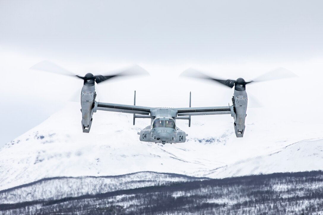 A MV-22 Osprey, attached to the Aviation Combat Element, 22nd Marine Expeditionary Unit, flies over Norway during a bilateral training event, April 17, 2022. The 22nd MEU, embarked aboard the Kearsarge Amphibious Ready Group, is participating in a bilateral training event with the Kingdom of Norway’s Armed Forces to strengthen U.S. and Norway interoperability ensuring collective capabilities and steadfast partnerships among NATO allies and partners.